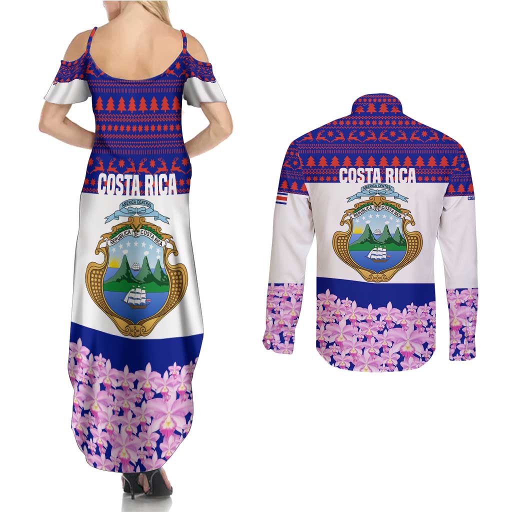 Costa Rica Christmas Couples Matching Summer Maxi Dress and Long Sleeve Button Shirt with Santa Claus Pink Orchid Tree National Emblem and Festive Pattern Design - Wonder Print Shop