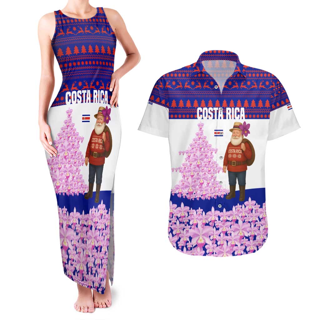 Costa Rica Christmas Couples Matching Tank Maxi Dress and Hawaiian Shirt with Santa Claus Pink Orchid Tree National Emblem and Festive Pattern Design - Wonder Print Shop