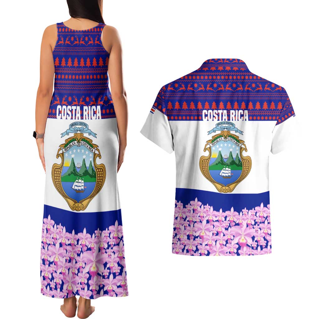 Costa Rica Christmas Couples Matching Tank Maxi Dress and Hawaiian Shirt with Santa Claus Pink Orchid Tree National Emblem and Festive Pattern Design - Wonder Print Shop