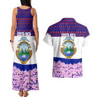 Costa Rica Christmas Couples Matching Tank Maxi Dress and Hawaiian Shirt with Santa Claus Pink Orchid Tree National Emblem and Festive Pattern Design - Wonder Print Shop
