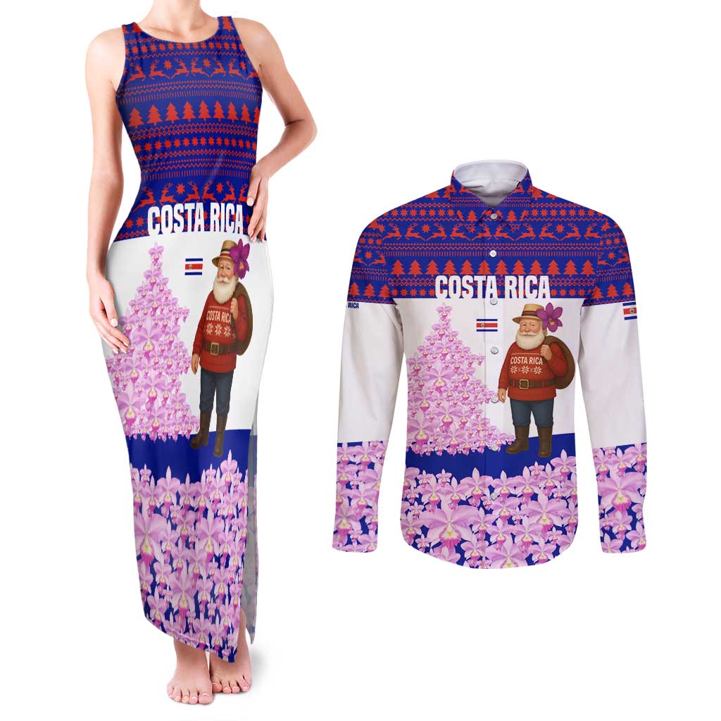 Costa Rica Christmas Couples Matching Tank Maxi Dress and Long Sleeve Button Shirt with Santa Claus Pink Orchid Tree National Emblem and Festive Pattern Design - Wonder Print Shop