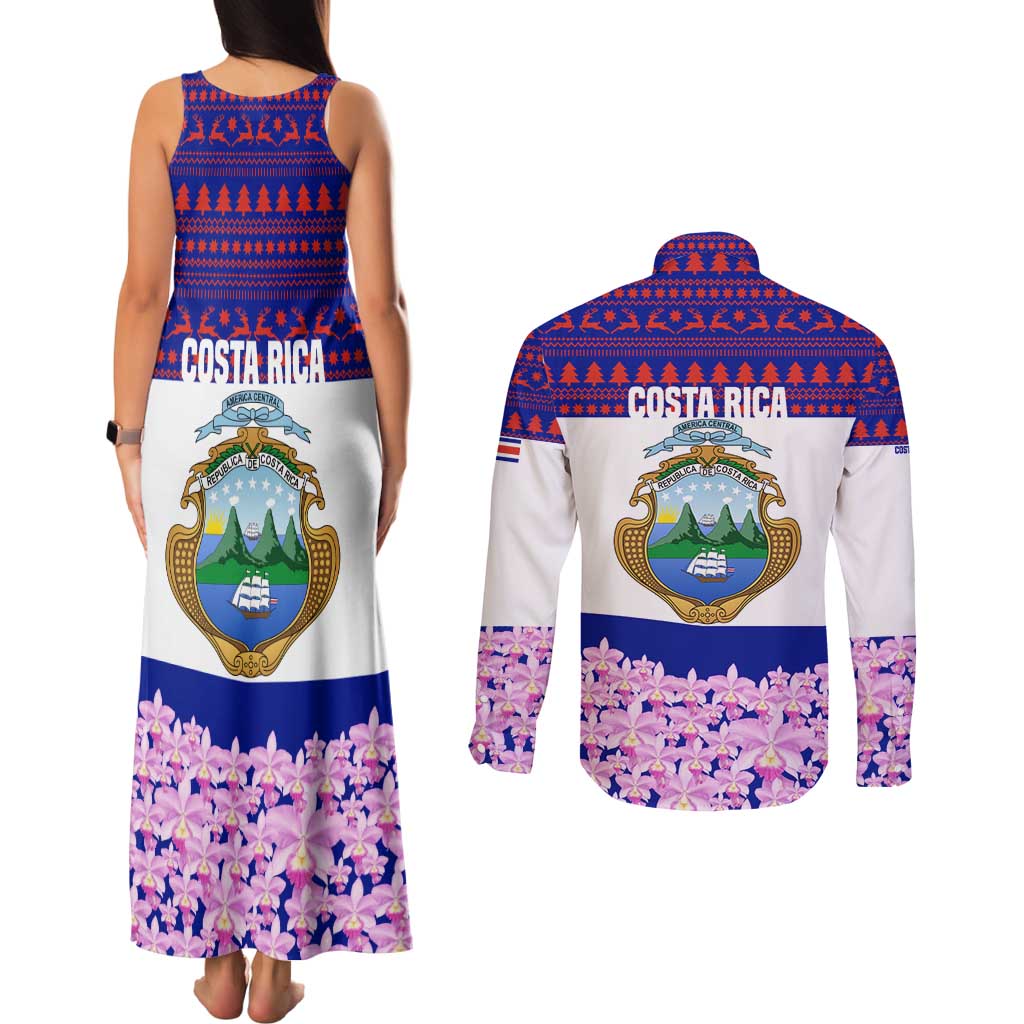 Costa Rica Christmas Couples Matching Tank Maxi Dress and Long Sleeve Button Shirt with Santa Claus Pink Orchid Tree National Emblem and Festive Pattern Design - Wonder Print Shop