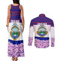 Costa Rica Christmas Couples Matching Tank Maxi Dress and Long Sleeve Button Shirt with Santa Claus Pink Orchid Tree National Emblem and Festive Pattern Design - Wonder Print Shop