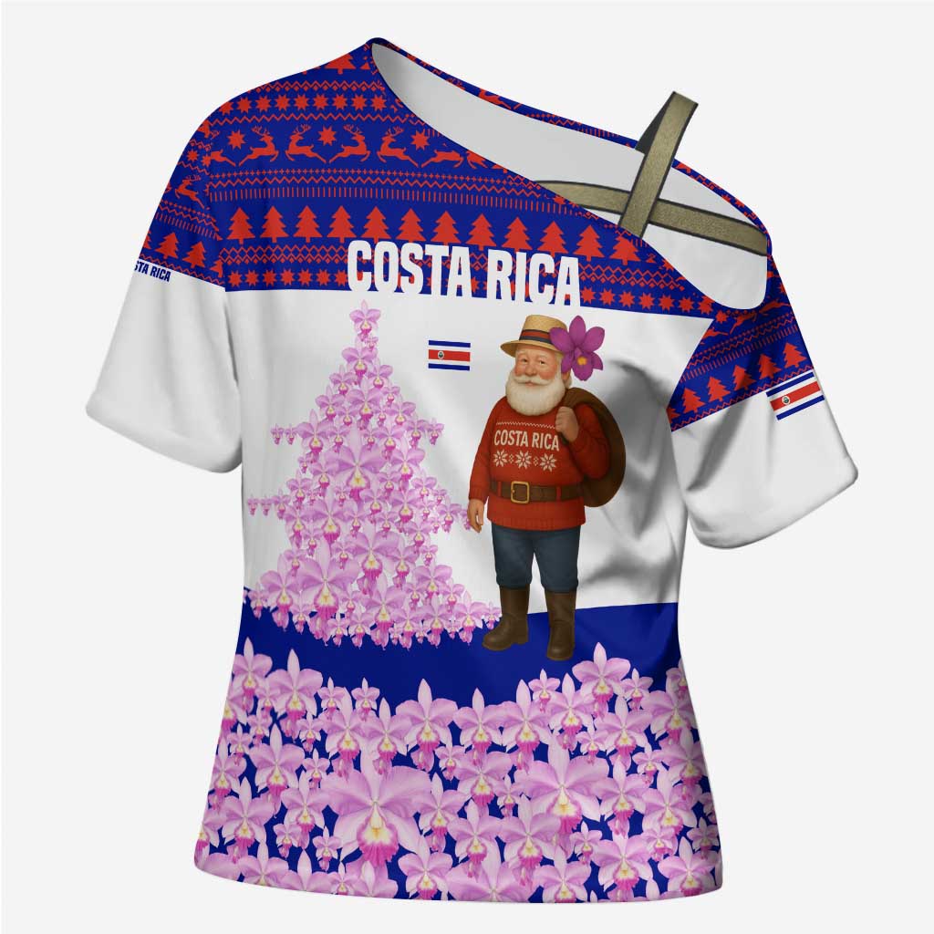 Costa Rica Christmas Cross Shoulder Shirt with Santa Claus Pink Orchid Tree National Emblem and Festive Pattern Design - Wonder Print Shop