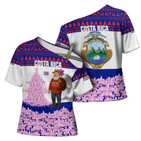 Costa Rica Christmas Cross Shoulder Shirt with Santa Claus Pink Orchid Tree National Emblem and Festive Pattern Design - Wonder Print Shop