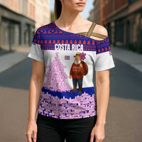 Costa Rica Christmas Cross Shoulder Shirt with Santa Claus Pink Orchid Tree National Emblem and Festive Pattern Design - Wonder Print Shop