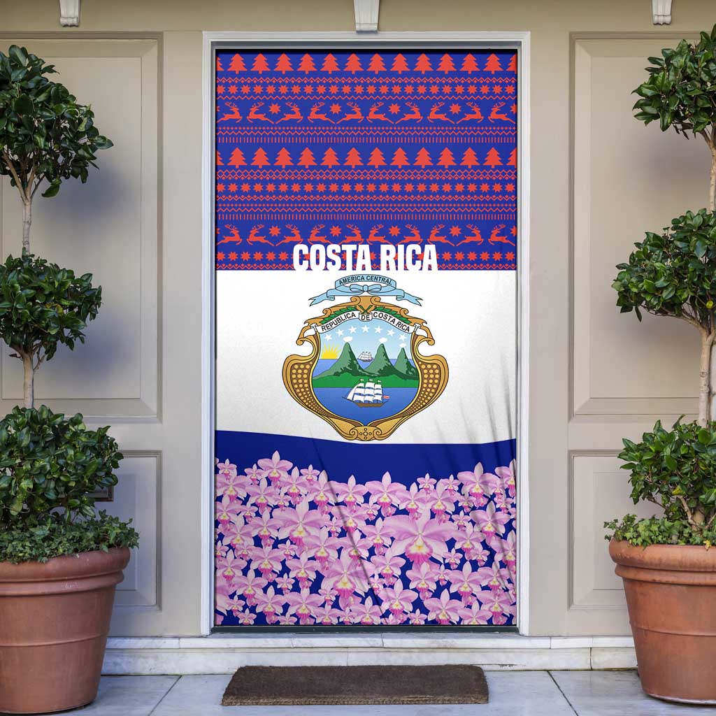 Costa Rica Christmas Door Cover with Santa Claus Pink Orchid Tree National Emblem and Festive Pattern Design - Wonder Print Shop