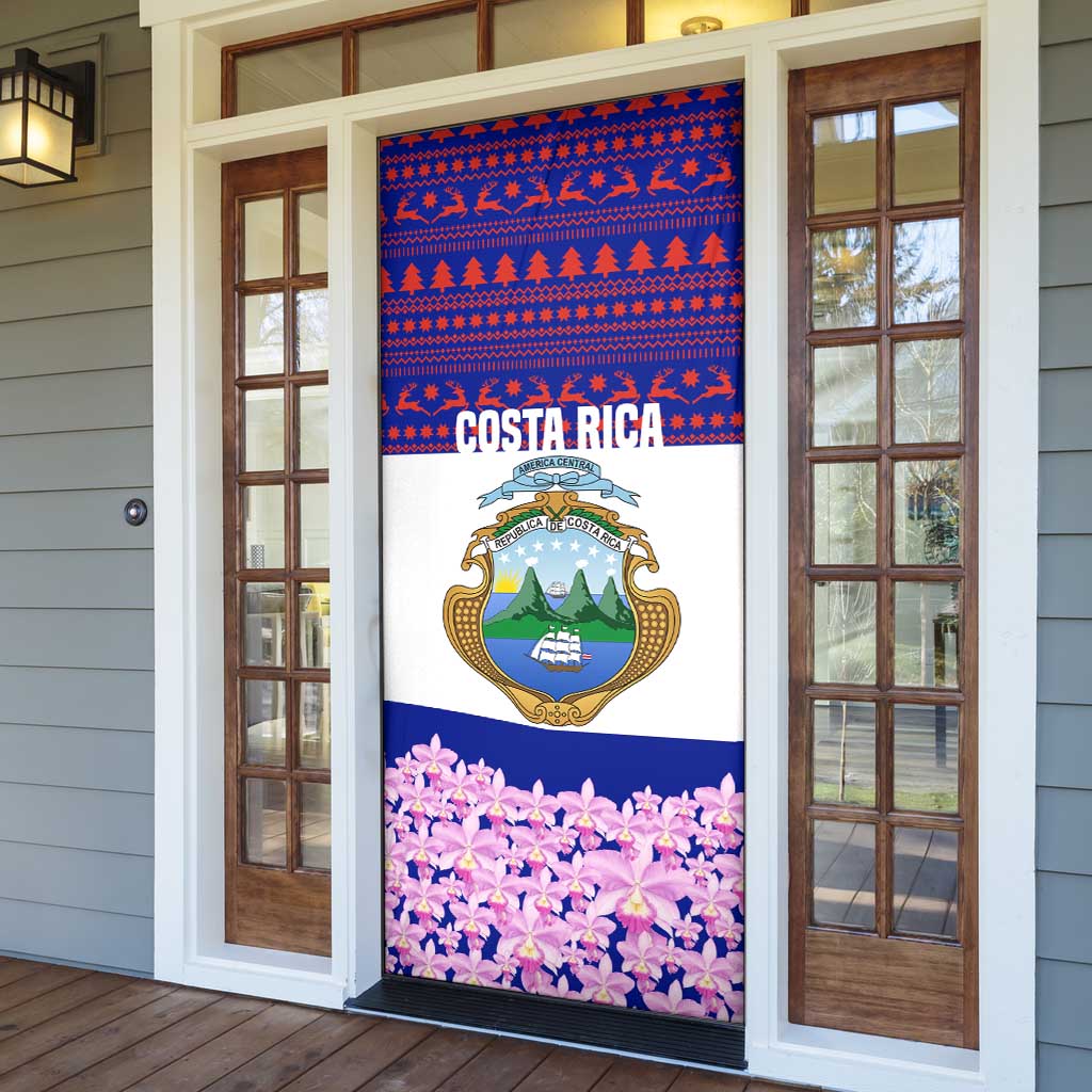 Costa Rica Christmas Door Cover with Santa Claus Pink Orchid Tree National Emblem and Festive Pattern Design - Wonder Print Shop