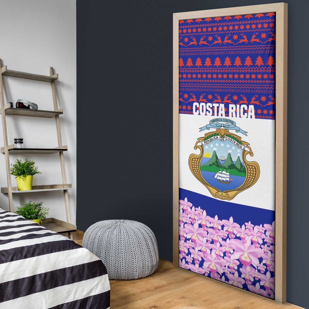 Costa Rica Christmas Door Cover with Santa Claus Pink Orchid Tree National Emblem and Festive Pattern Design - Wonder Print Shop