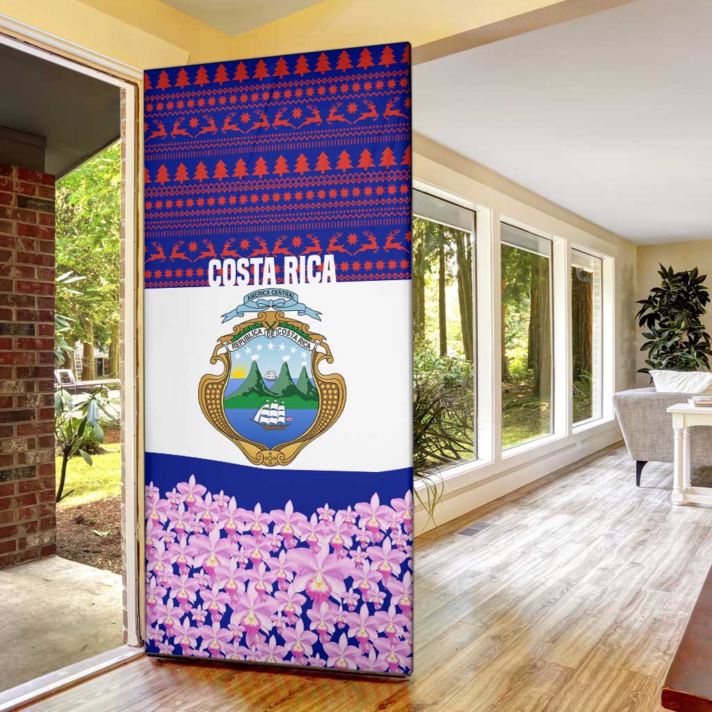 Costa Rica Christmas Door Cover with Santa Claus Pink Orchid Tree National Emblem and Festive Pattern Design - Wonder Print Shop