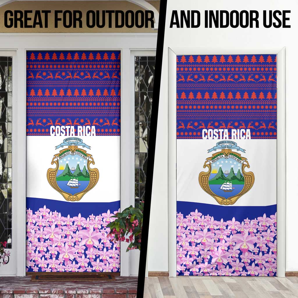 Costa Rica Christmas Door Cover with Santa Claus Pink Orchid Tree National Emblem and Festive Pattern Design - Wonder Print Shop