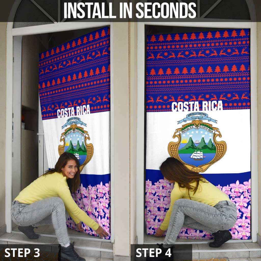 Costa Rica Christmas Door Cover with Santa Claus Pink Orchid Tree National Emblem and Festive Pattern Design - Wonder Print Shop