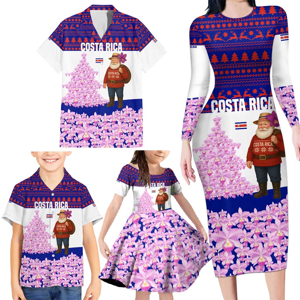 Costa Rica Christmas Family Matching Long Sleeve Bodycon Dress and Hawaiian Shirt with Santa Claus Pink Orchid Tree National Emblem and Festive Pattern Design - Wonder Print Shop