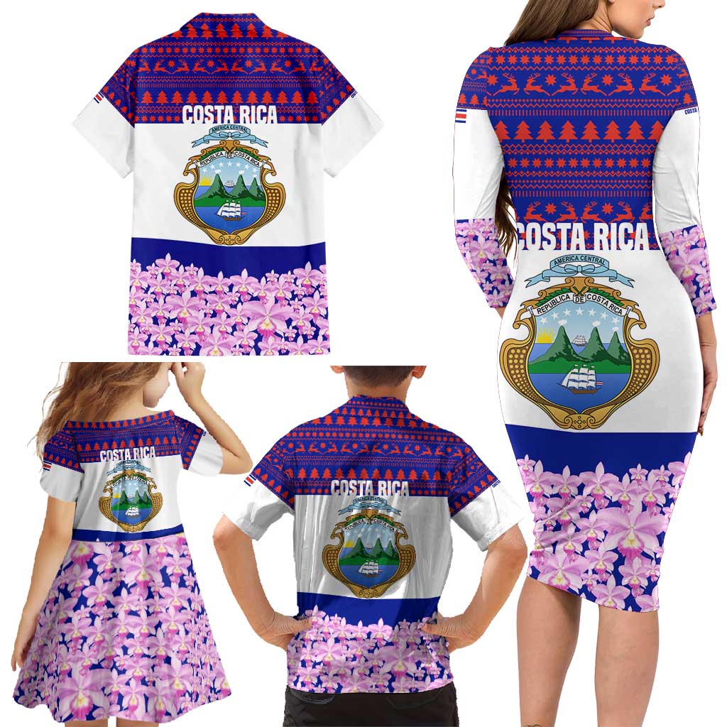 Costa Rica Christmas Family Matching Long Sleeve Bodycon Dress and Hawaiian Shirt with Santa Claus Pink Orchid Tree National Emblem and Festive Pattern Design - Wonder Print Shop