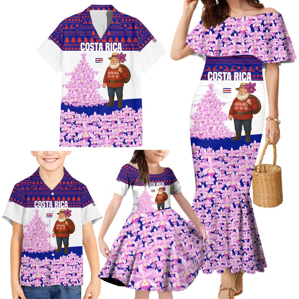 Costa Rica Christmas Family Matching Mermaid Dress and Hawaiian Shirt with Santa Claus Pink Orchid Tree National Emblem and Festive Pattern Design - Wonder Print Shop