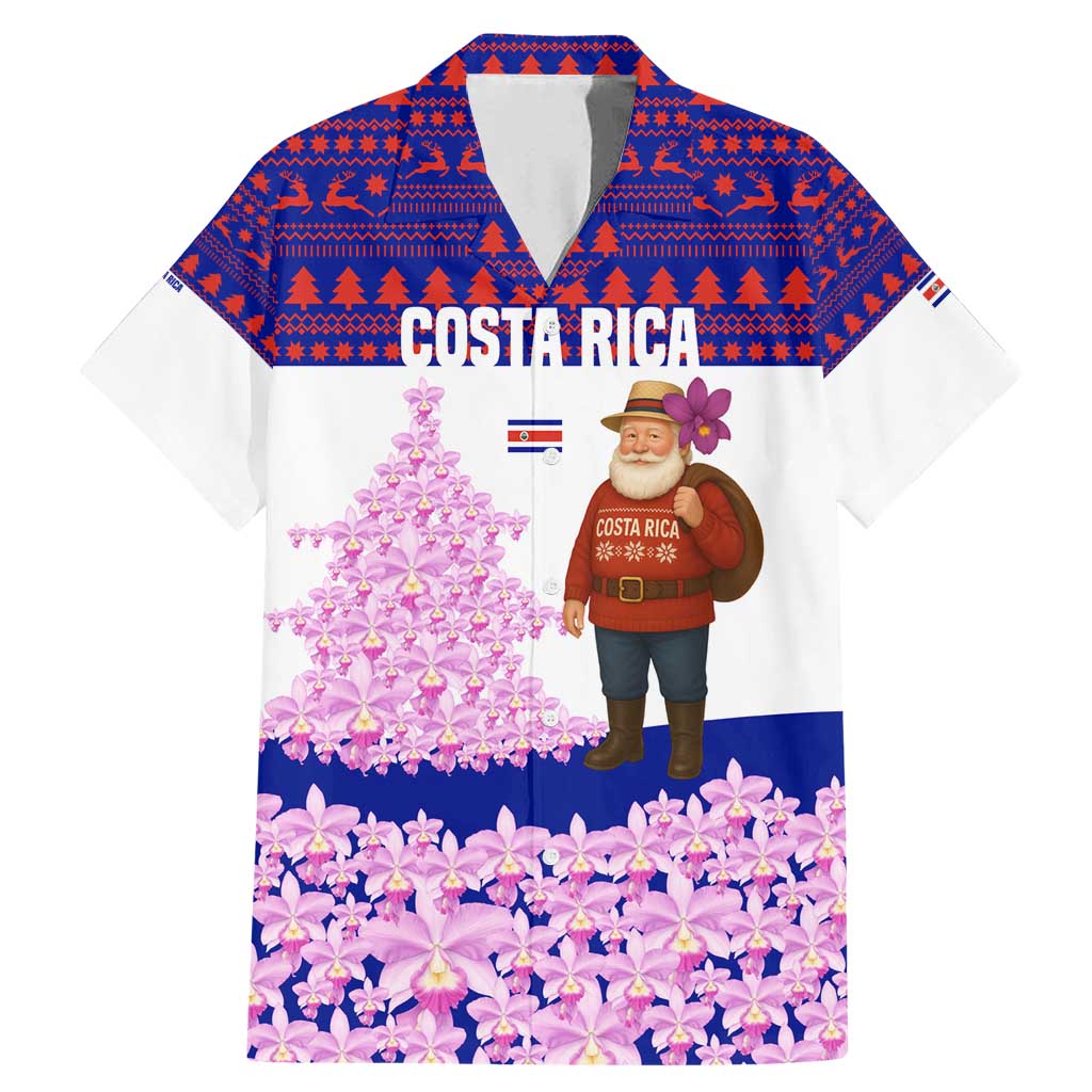 Costa Rica Christmas Family Matching Mermaid Dress and Hawaiian Shirt with Santa Claus Pink Orchid Tree National Emblem and Festive Pattern Design - Wonder Print Shop