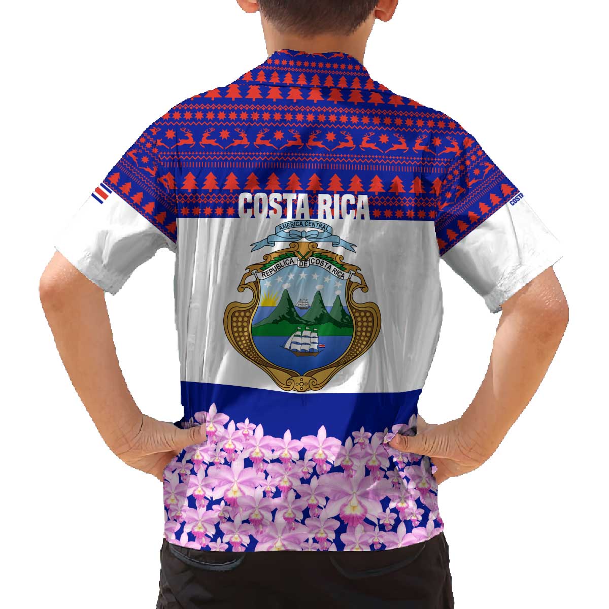 Costa Rica Christmas Family Matching Off The Shoulder Long Sleeve Dress and Hawaiian Shirt with Santa Claus Pink Orchid Tree National Emblem and Festive Pattern Design - Wonder Print Shop