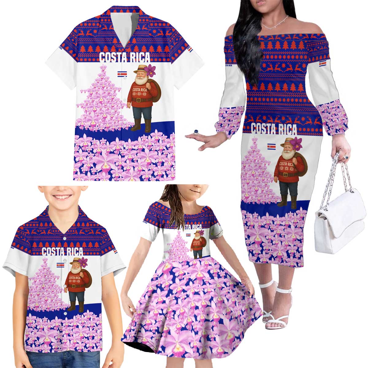 Costa Rica Christmas Family Matching Off The Shoulder Long Sleeve Dress and Hawaiian Shirt with Santa Claus Pink Orchid Tree National Emblem and Festive Pattern Design - Wonder Print Shop