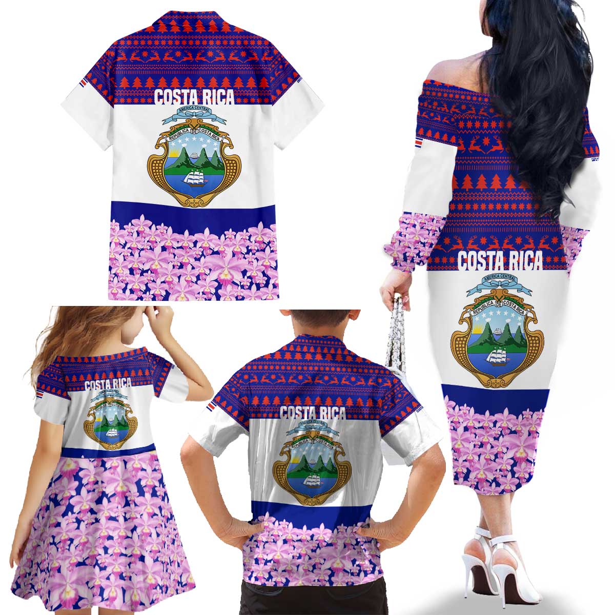 Costa Rica Christmas Family Matching Off The Shoulder Long Sleeve Dress and Hawaiian Shirt with Santa Claus Pink Orchid Tree National Emblem and Festive Pattern Design - Wonder Print Shop