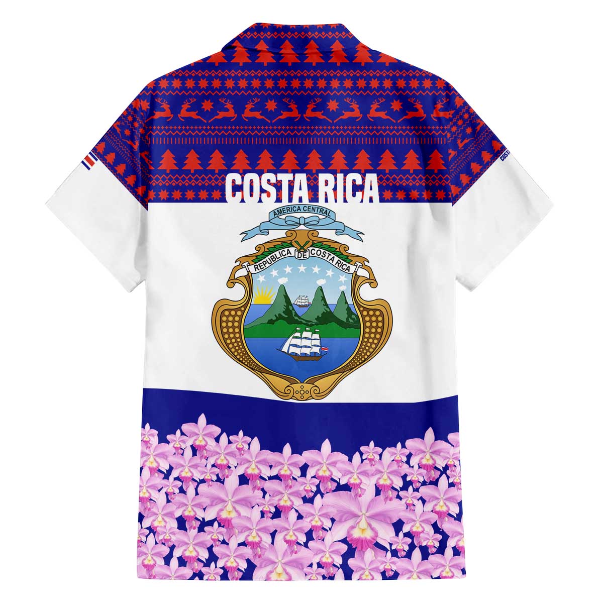 Costa Rica Christmas Family Matching Off The Shoulder Long Sleeve Dress and Hawaiian Shirt with Santa Claus Pink Orchid Tree National Emblem and Festive Pattern Design - Wonder Print Shop