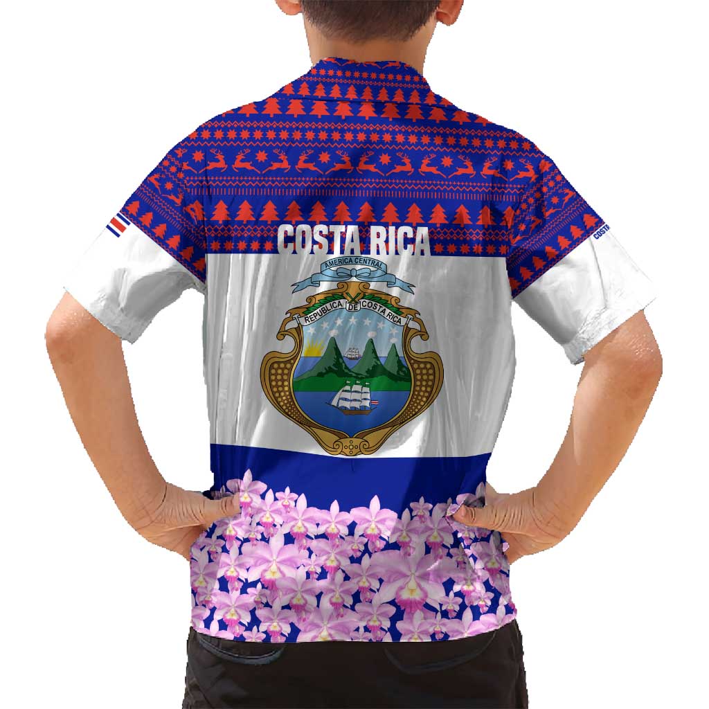 Costa Rica Christmas Family Matching Off Shoulder Maxi Dress and Hawaiian Shirt with Santa Claus Pink Orchid Tree National Emblem and Festive Pattern Design - Wonder Print Shop