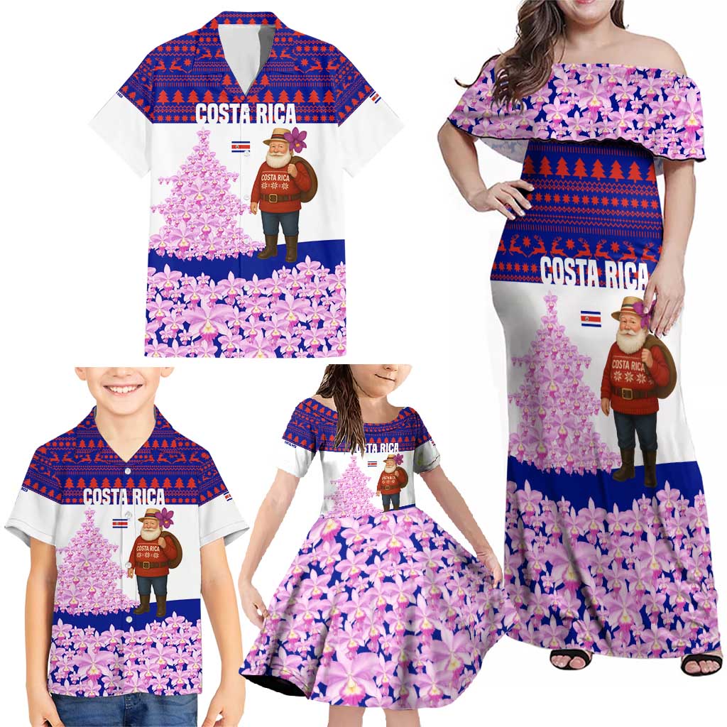Costa Rica Christmas Family Matching Off Shoulder Maxi Dress and Hawaiian Shirt with Santa Claus Pink Orchid Tree National Emblem and Festive Pattern Design - Wonder Print Shop