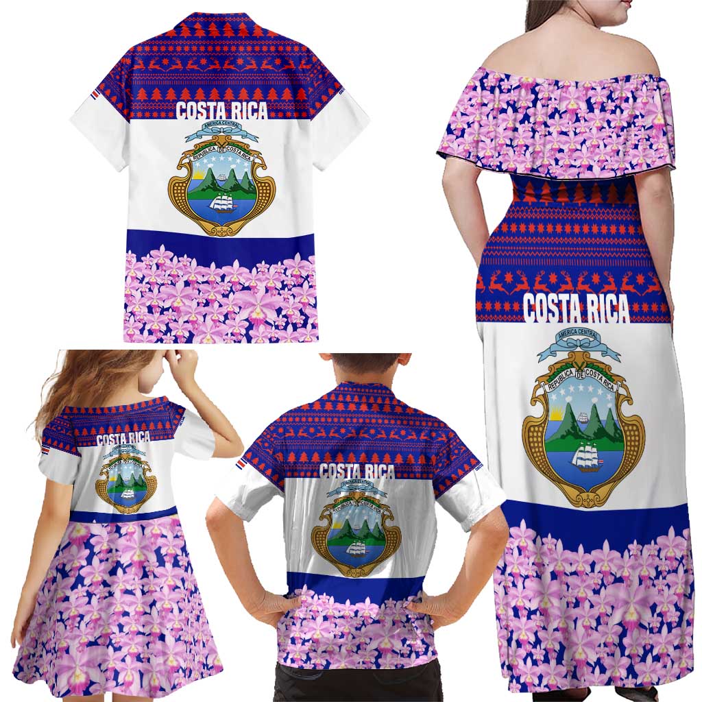 Costa Rica Christmas Family Matching Off Shoulder Maxi Dress and Hawaiian Shirt with Santa Claus Pink Orchid Tree National Emblem and Festive Pattern Design - Wonder Print Shop