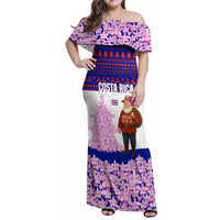 Costa Rica Christmas Family Matching Off Shoulder Maxi Dress and Hawaiian Shirt with Santa Claus Pink Orchid Tree National Emblem and Festive Pattern Design - Wonder Print Shop