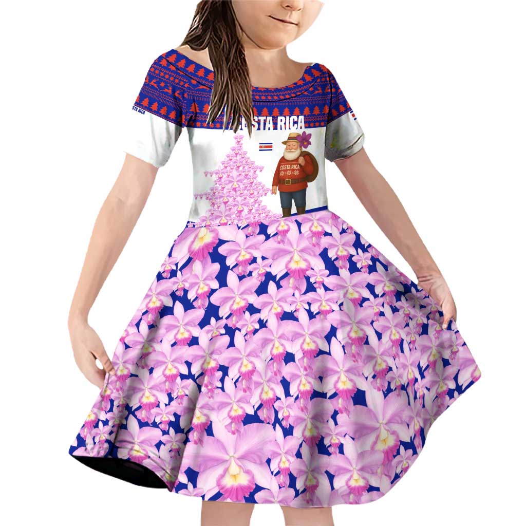 Costa Rica Christmas Family Matching Off Shoulder Short Dress and Hawaiian Shirt with Santa Claus Pink Orchid Tree National Emblem and Festive Pattern Design - Wonder Print Shop