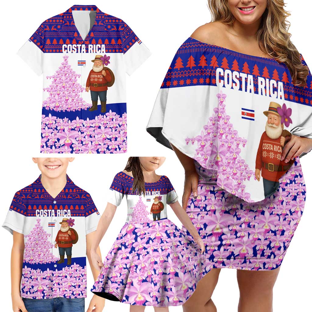 Costa Rica Christmas Family Matching Off Shoulder Short Dress and Hawaiian Shirt with Santa Claus Pink Orchid Tree National Emblem and Festive Pattern Design - Wonder Print Shop