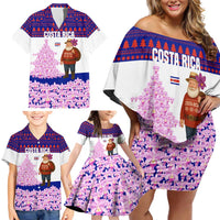 Costa Rica Christmas Family Matching Off Shoulder Short Dress and Hawaiian Shirt with Santa Claus Pink Orchid Tree National Emblem and Festive Pattern Design - Wonder Print Shop