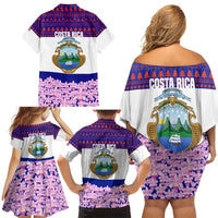 Costa Rica Christmas Family Matching Off Shoulder Short Dress and Hawaiian Shirt with Santa Claus Pink Orchid Tree National Emblem and Festive Pattern Design - Wonder Print Shop