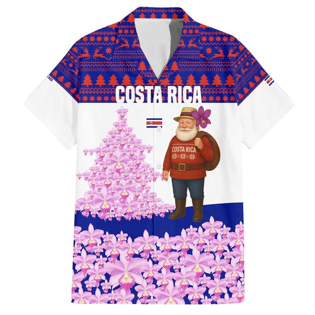 Costa Rica Christmas Family Matching Off Shoulder Short Dress and Hawaiian Shirt with Santa Claus Pink Orchid Tree National Emblem and Festive Pattern Design - Wonder Print Shop