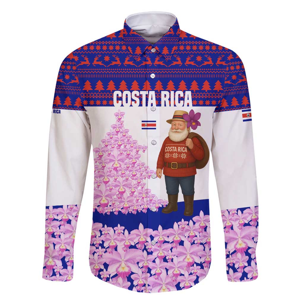Costa Rica Christmas Family Matching Off Shoulder Short Dress and Hawaiian Shirt with Santa Claus Pink Orchid Tree National Emblem and Festive Pattern Design - Wonder Print Shop