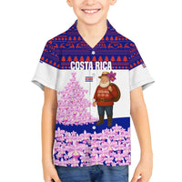 Costa Rica Christmas Family Matching Off Shoulder Short Dress and Hawaiian Shirt with Santa Claus Pink Orchid Tree National Emblem and Festive Pattern Design - Wonder Print Shop