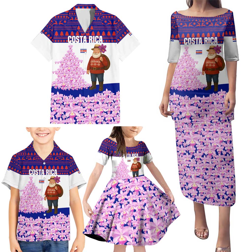 Costa Rica Christmas Family Matching Puletasi and Hawaiian Shirt with Santa Claus Pink Orchid Tree National Emblem and Festive Pattern Design - Wonder Print Shop
