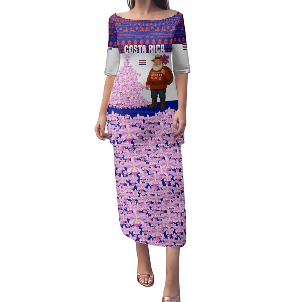 Costa Rica Christmas Family Matching Puletasi and Hawaiian Shirt with Santa Claus Pink Orchid Tree National Emblem and Festive Pattern Design - Wonder Print Shop