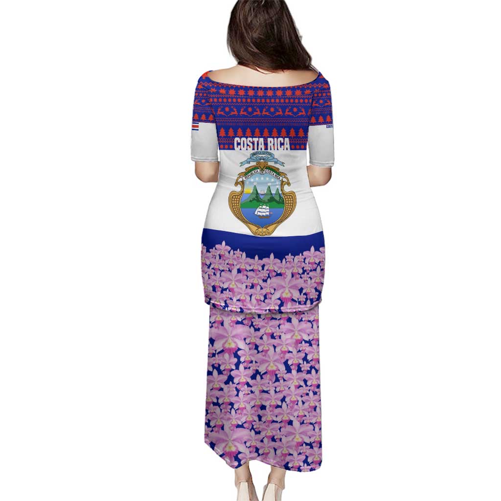 Costa Rica Christmas Family Matching Puletasi and Hawaiian Shirt with Santa Claus Pink Orchid Tree National Emblem and Festive Pattern Design - Wonder Print Shop