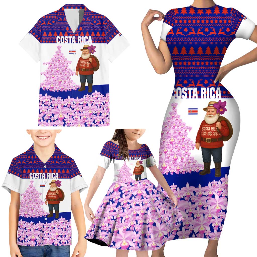 Costa Rica Christmas Family Matching Short Sleeve Bodycon Dress and Hawaiian Shirt with Santa Claus Pink Orchid Tree National Emblem and Festive Pattern Design - Wonder Print Shop