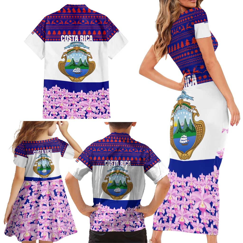 Costa Rica Christmas Family Matching Short Sleeve Bodycon Dress and Hawaiian Shirt with Santa Claus Pink Orchid Tree National Emblem and Festive Pattern Design - Wonder Print Shop