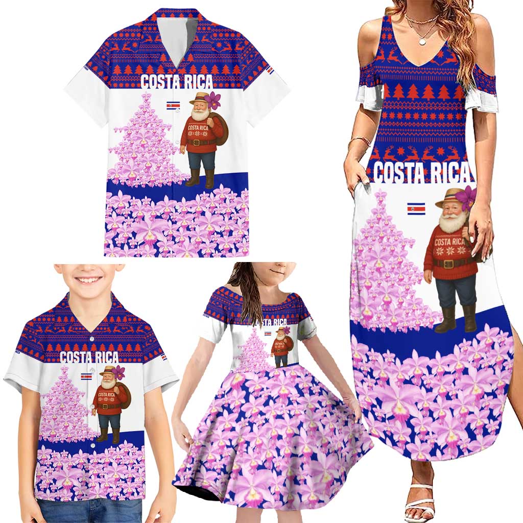 Costa Rica Christmas Family Matching Summer Maxi Dress and Hawaiian Shirt with Santa Claus Pink Orchid Tree National Emblem and Festive Pattern Design - Wonder Print Shop