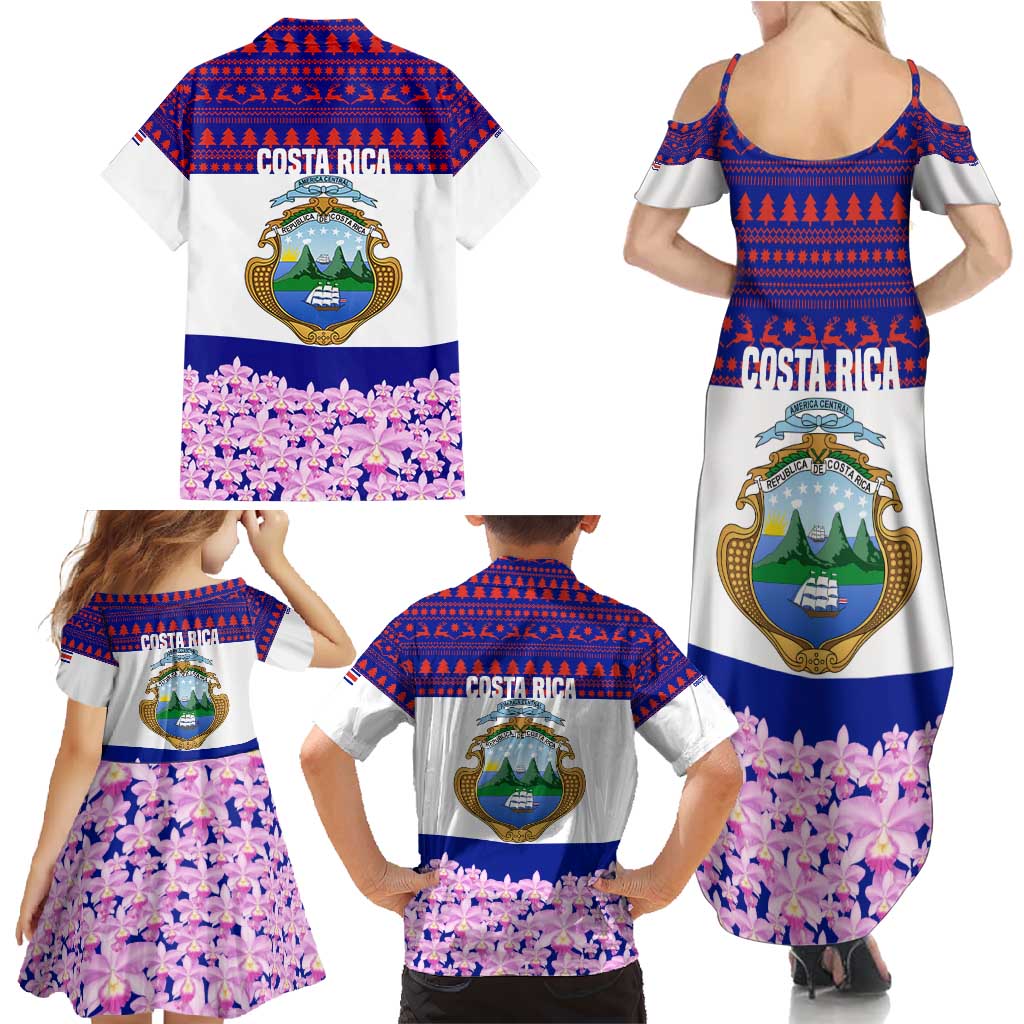 Costa Rica Christmas Family Matching Summer Maxi Dress and Hawaiian Shirt with Santa Claus Pink Orchid Tree National Emblem and Festive Pattern Design - Wonder Print Shop