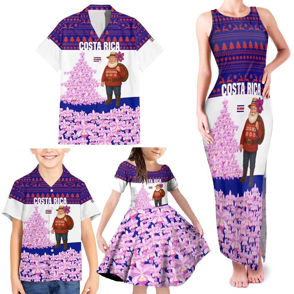 Costa Rica Christmas Family Matching Tank Maxi Dress and Hawaiian Shirt with Santa Claus Pink Orchid Tree National Emblem and Festive Pattern Design - Wonder Print Shop