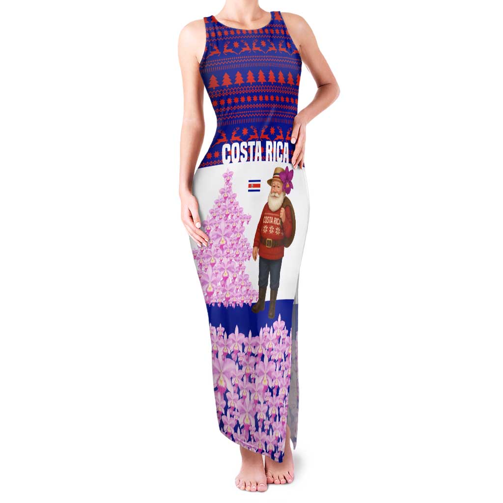 Costa Rica Christmas Family Matching Tank Maxi Dress and Hawaiian Shirt with Santa Claus Pink Orchid Tree National Emblem and Festive Pattern Design - Wonder Print Shop