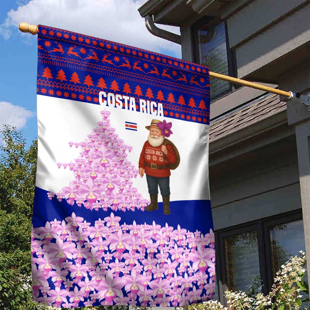 Costa Rica Christmas Garden Flag with Santa Claus Pink Orchid Tree National Emblem and Festive Pattern Design - Wonder Print Shop