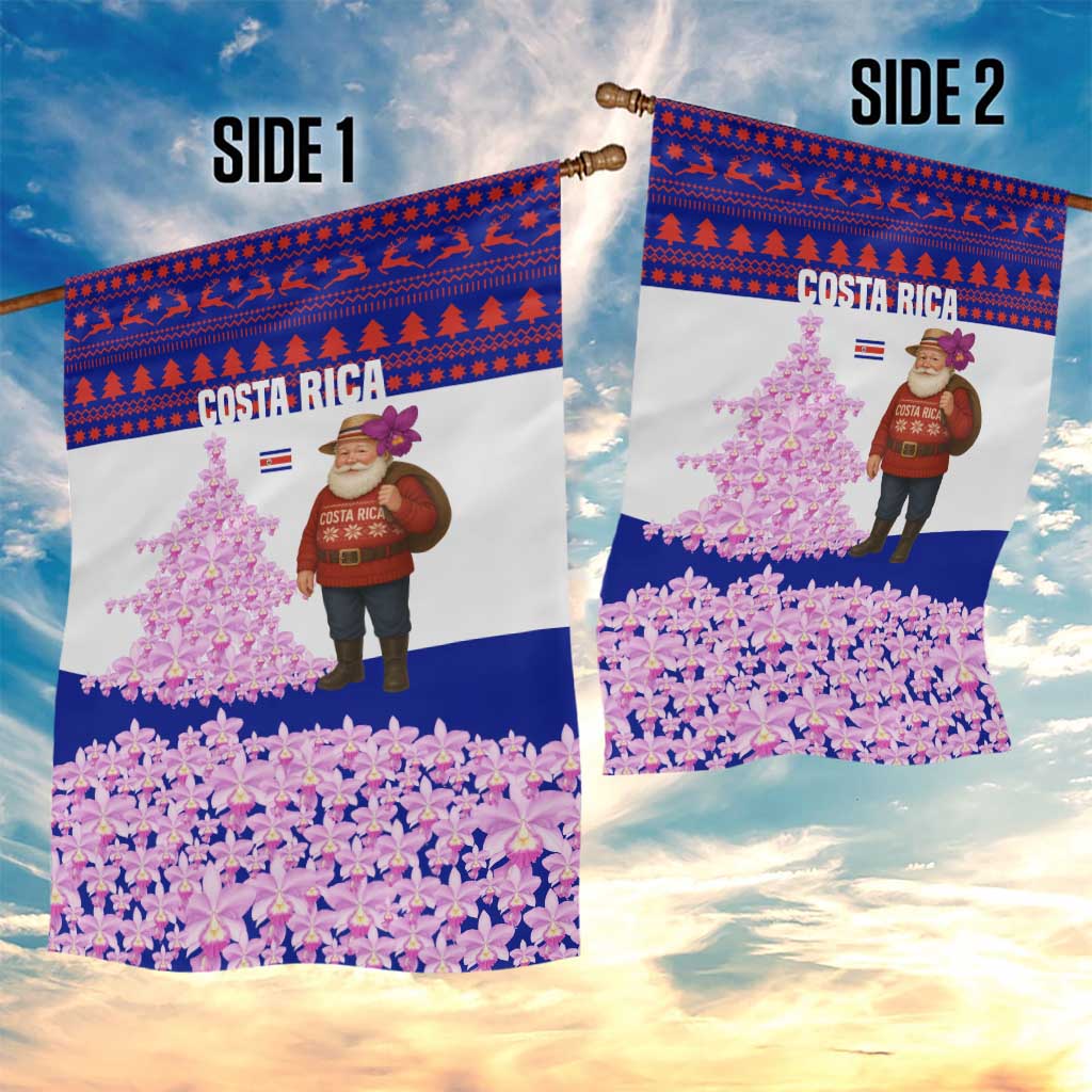 Costa Rica Christmas Garden Flag with Santa Claus Pink Orchid Tree National Emblem and Festive Pattern Design - Wonder Print Shop