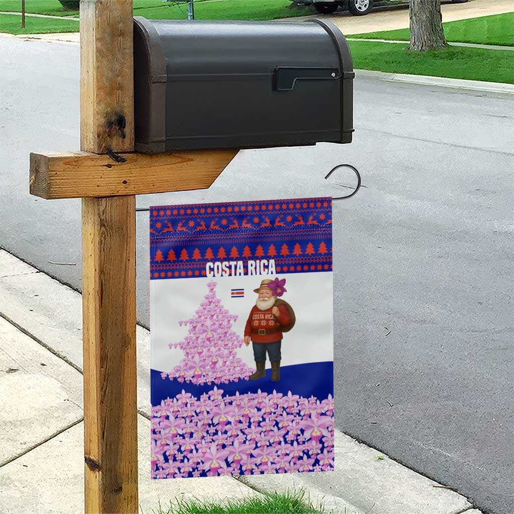 Costa Rica Christmas Garden Flag with Santa Claus Pink Orchid Tree National Emblem and Festive Pattern Design - Wonder Print Shop