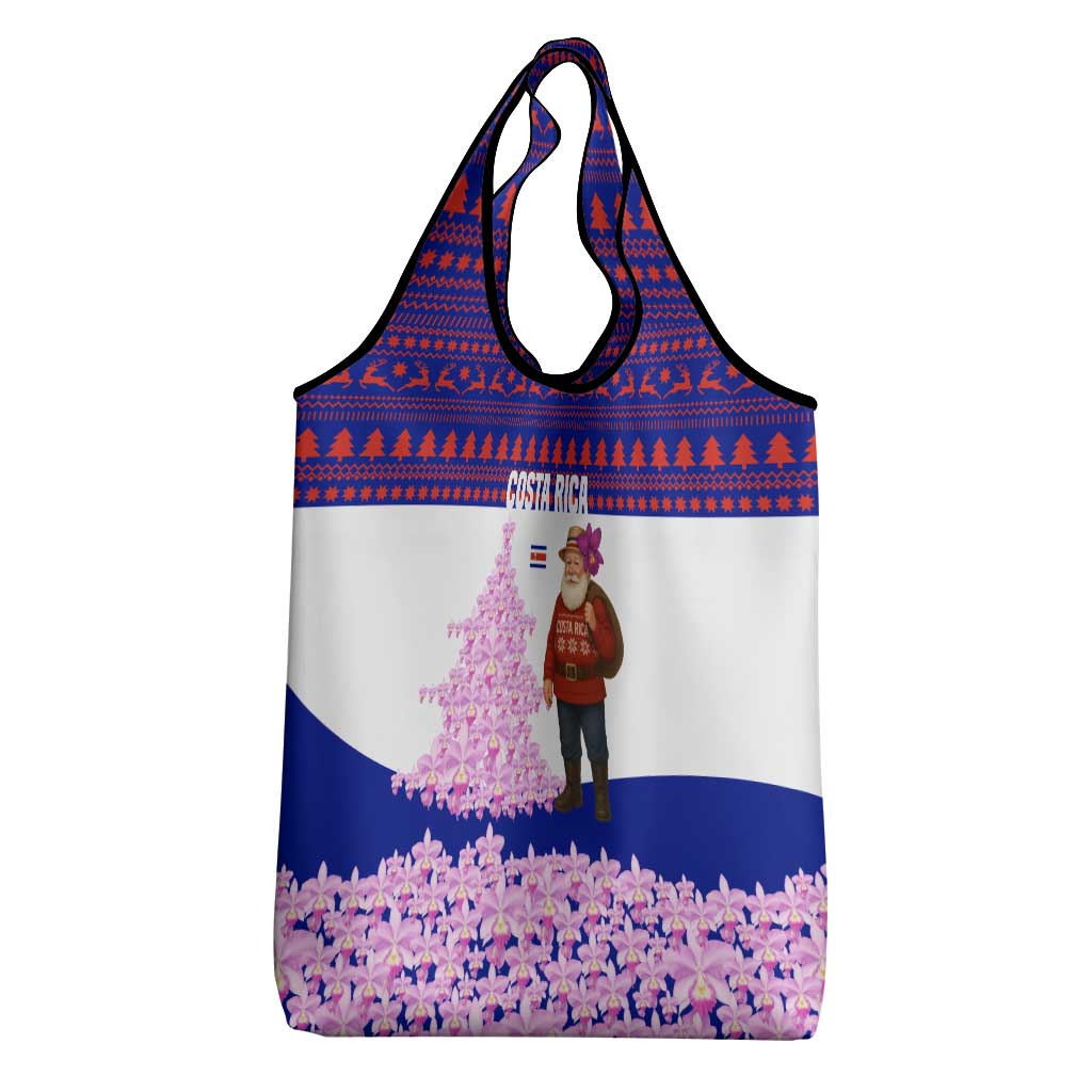 Costa Rica Christmas Grocery Bag with Santa Claus Pink Orchid Tree National Emblem and Festive Pattern Design - Wonder Print Shop