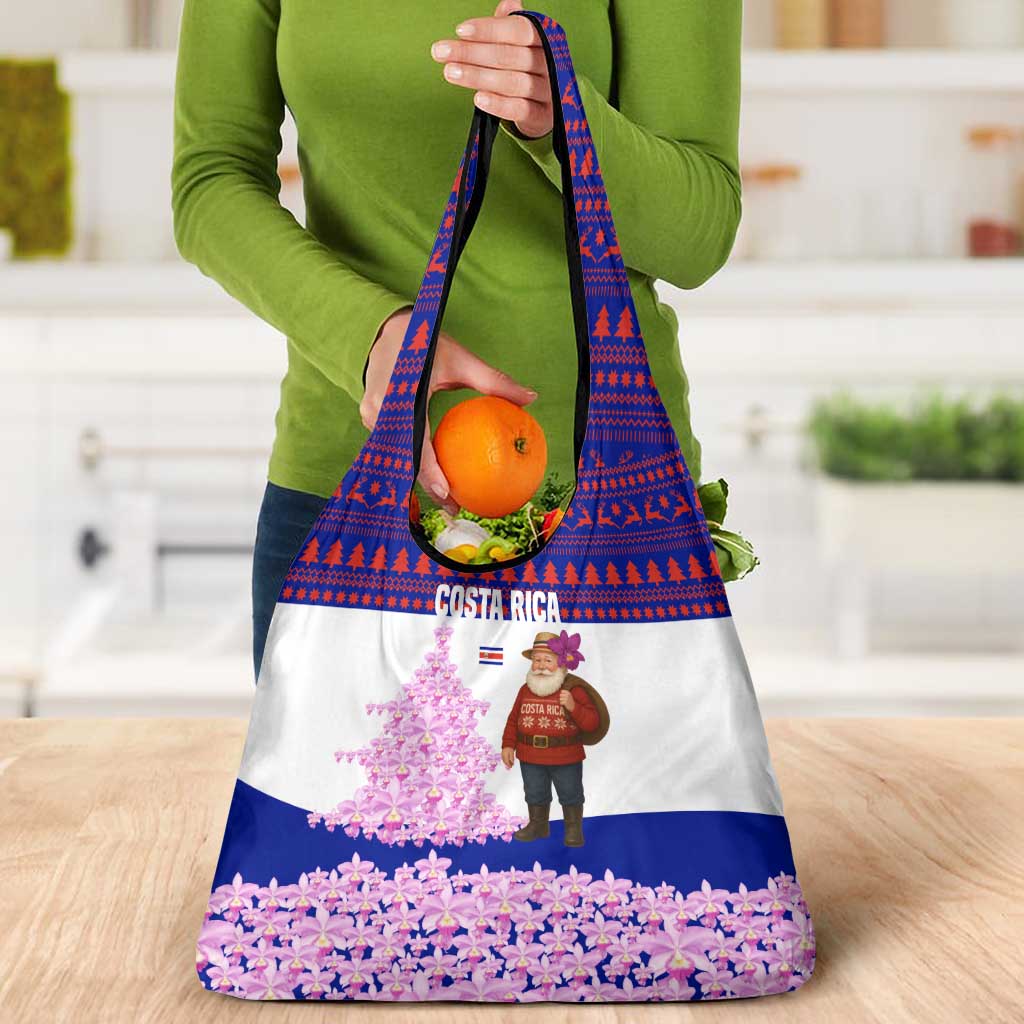 Costa Rica Christmas Grocery Bag with Santa Claus Pink Orchid Tree National Emblem and Festive Pattern Design - Wonder Print Shop