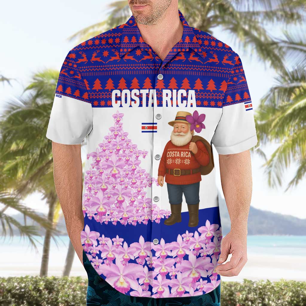 Costa Rica Christmas Hawaiian Shirt with Santa Claus Pink Orchid Tree National Emblem and Festive Pattern Design - Wonder Print Shop